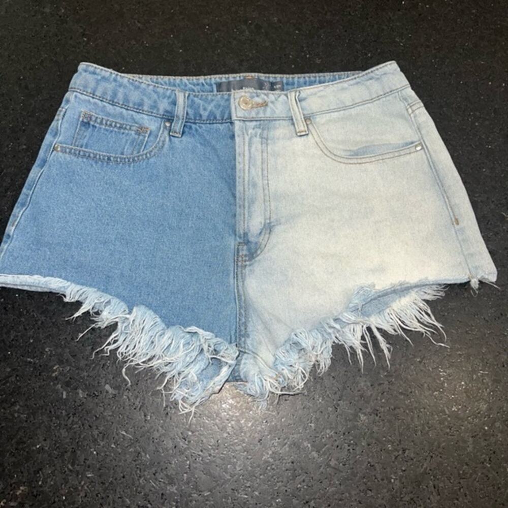 UEC Indigo Rising High Rise Color Block Raw Frayed Hem DENIM JEAN Shorts SZ 9/29